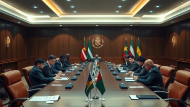 Mesa de reunião diplomática com pastas oficiais e bandeiras institucionais em sala de conferências governamental iluminada