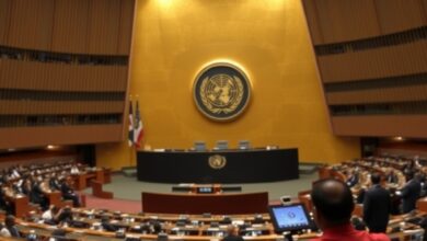 Pódio vazio da Assembleia Geral da Organização das Nações Unidas com luzes e microfones em Nova Iorque.