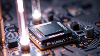 Circuito integrado moderno iluminado por feixes de luz microscópicos em placa de silício laboratorial.