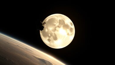 Representação visual de satélite orbitando o relevo acidentado e crateras da superfície lunar iluminadas pelo Sol