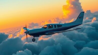 Aeronave executiva moderna sobrevoando nuvens ao entardecer com tecnologia avançada de navegação e pouso autônomo de emergência