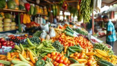 Bancas de produtos agrícolas frescos num mercado local moçambicano com variedade de legumes e frutas expostas.