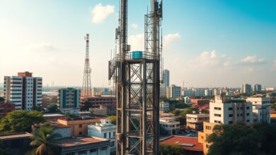 Torre de telecomunicações moderna com antenas de transmissão móvel sob céu claro em cenário urbano africano.