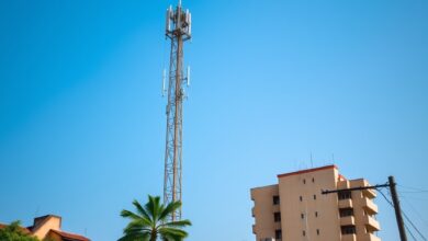 Torre de telecomunicações com antenas de transmissão celular sob o céu azul em ambiente urbano moçambicano.