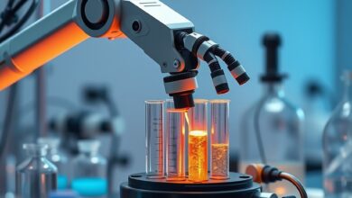 Braço robótico de laboratório manipula tubos de ensaio químicos sob iluminação automatizada moderna