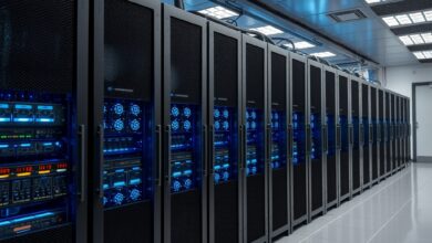 Supercomputador com luzes azuis em servidores rack em sala refrigerada de centro de dados de pesquisa científica.