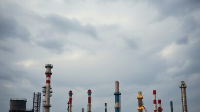Instalações industriais de refino e extração de petróleo bruto ao entardecer sob céu nublado