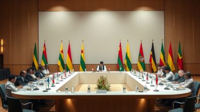 Mesa de conferência diplomática internacional iluminada em sala solene com bandeiras desfocadas ao fundo