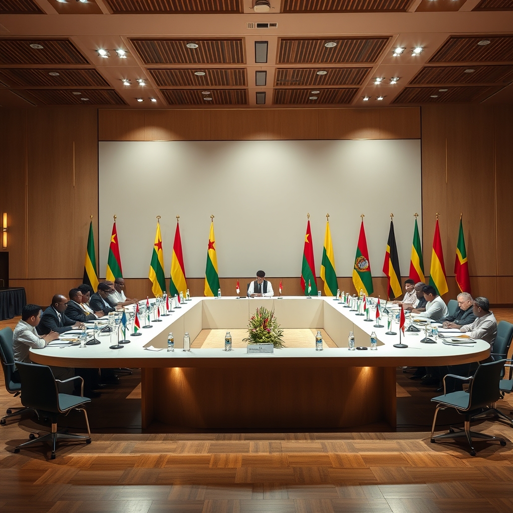 Mesa de conferência diplomática internacional iluminada em sala solene com bandeiras desfocadas ao fundo